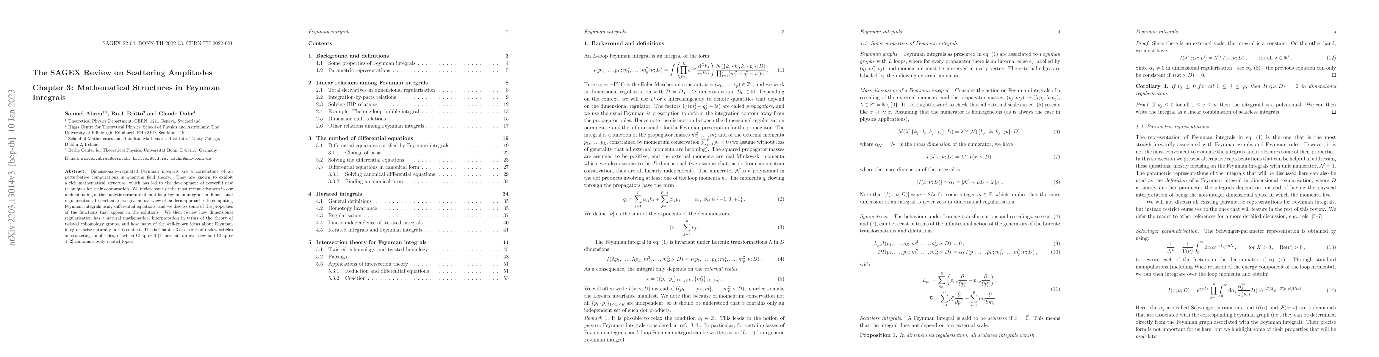 Thumbnail for The SAGEX Review on Scattering Amplitudes, Chapter 3: Mathematical
  structures in Feynman integrals