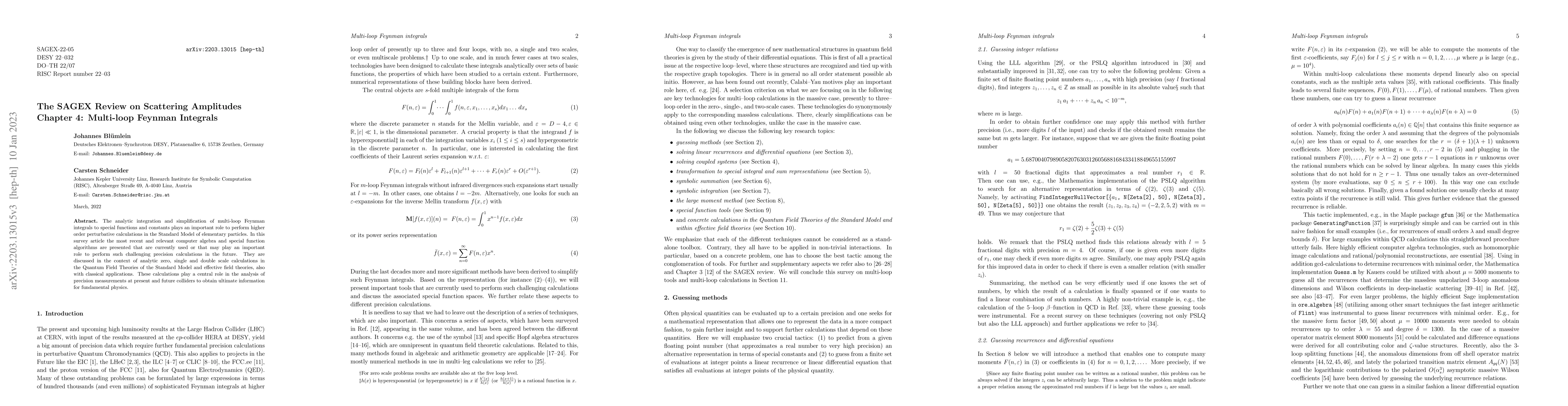 Thumbnail for The SAGEX Review on Scattering Amplitudes, Chapter 4: Multi-loop Feynman
  Integrals