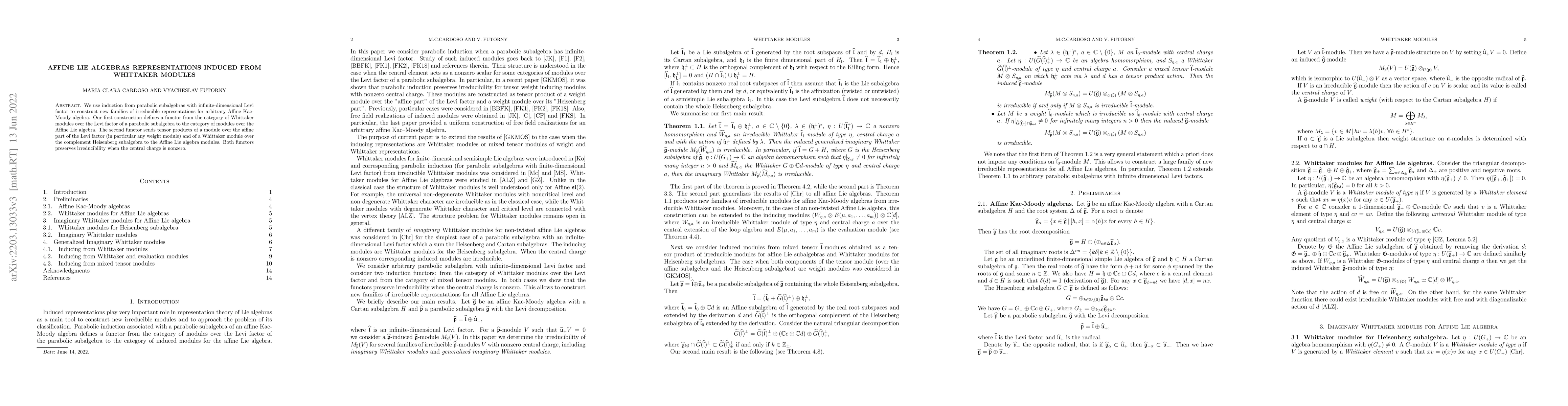 Thumbnail for Affine Lie algebras representations induced from Whittaker modules