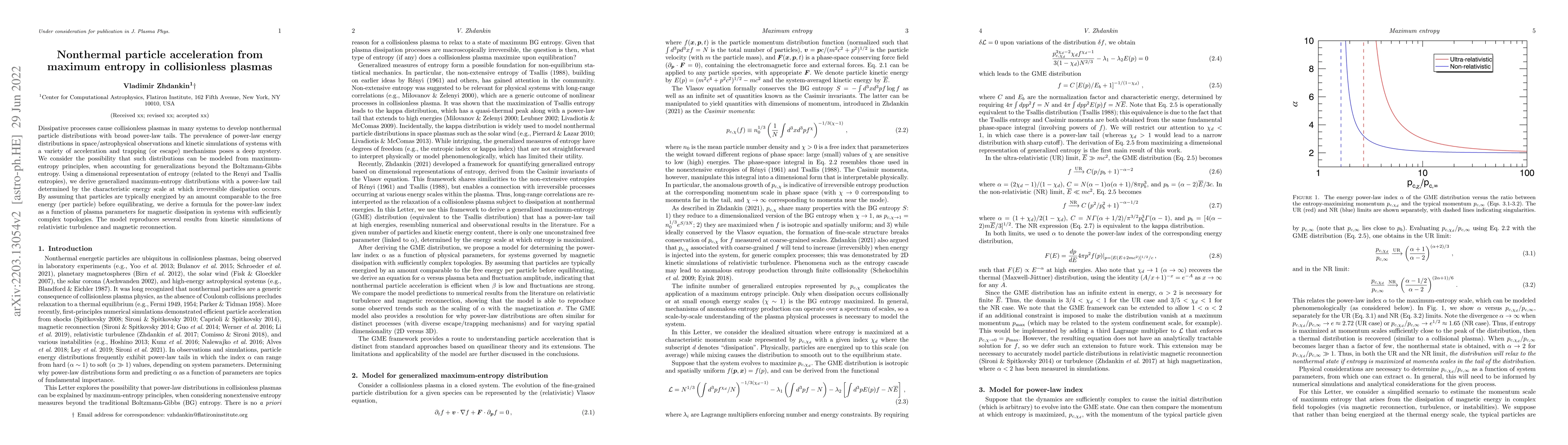 Thumbnail for Nonthermal particle acceleration from maximum entropy in collisionless
  plasmas