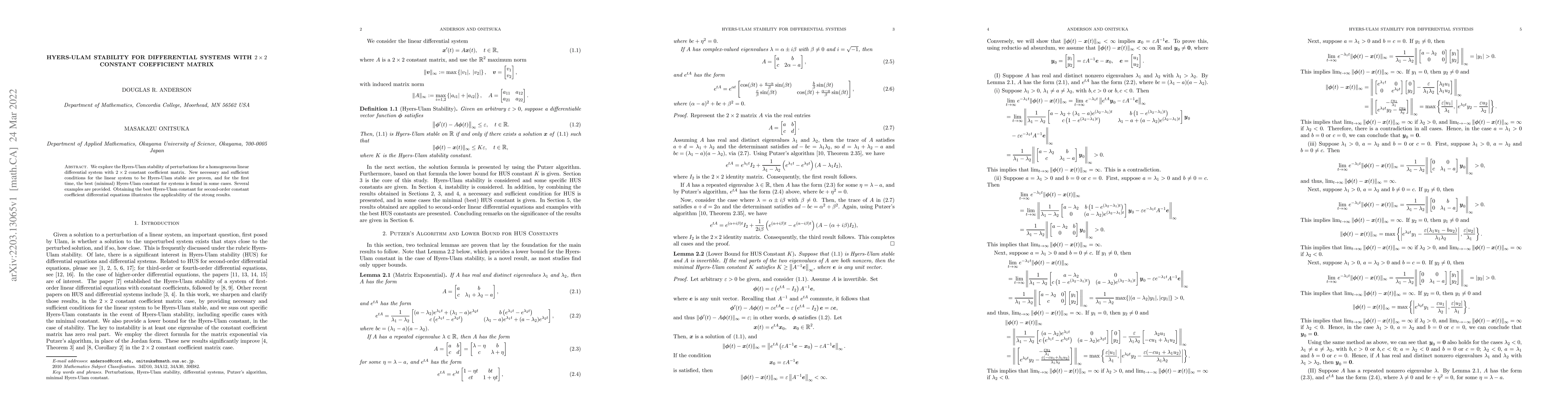 Thumbnail for Hyers-Ulam stability for differential systems with $2\times 2$ constant
  coefficient matrix
