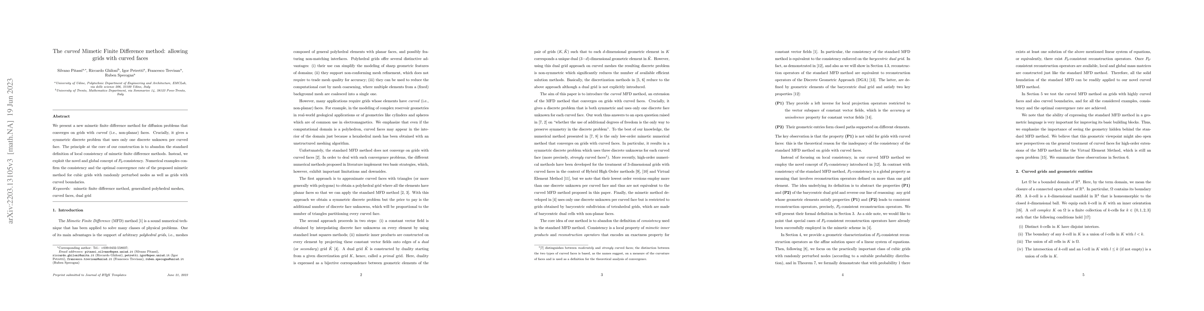 Thumbnail for The curved Mimetic Finite Difference method: allowing grids with curved
  faces