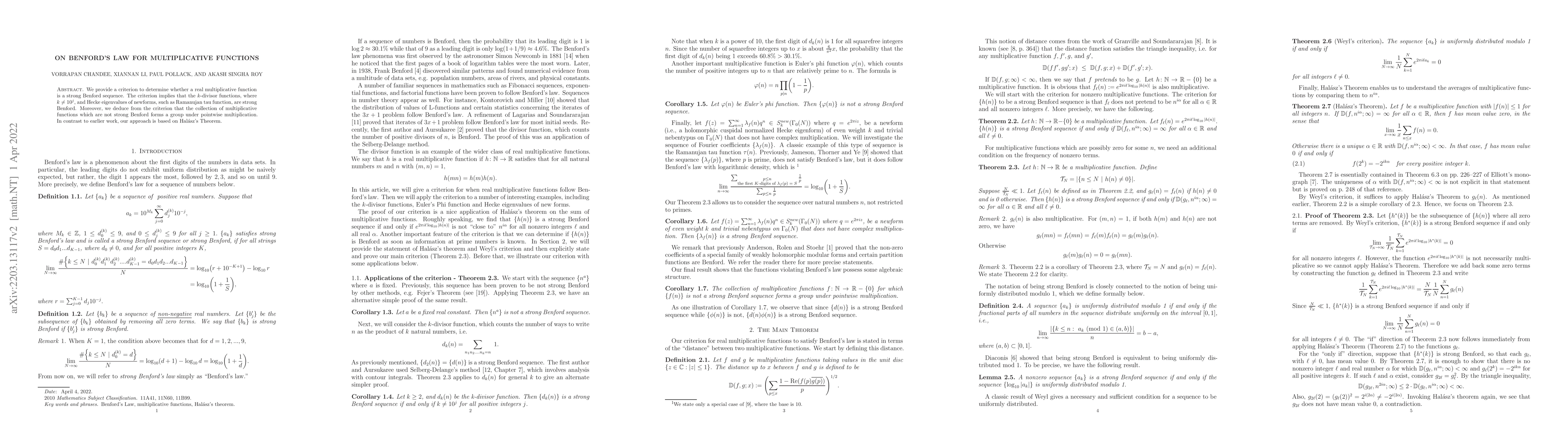 Thumbnail for On Benford's Law for multiplicative functions