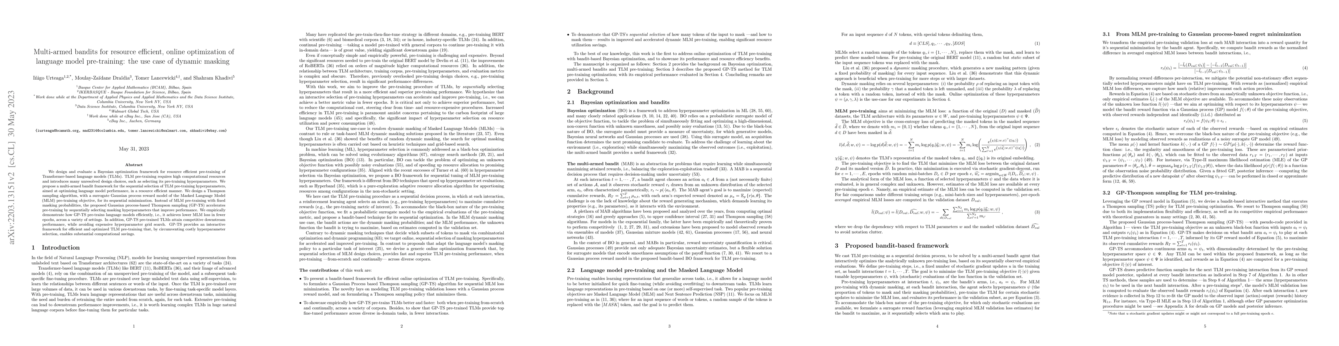 Thumbnail for Multi-armed bandits for resource efficient, online optimization of
  language model pre-training: the use case of dynamic masking