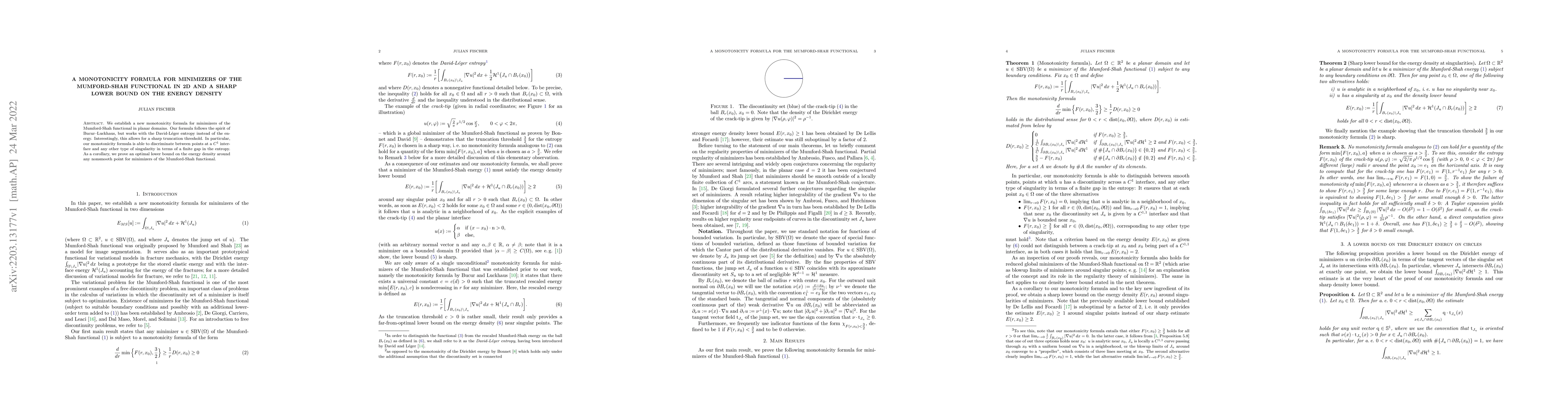 Thumbnail for A monotonicity formula for minimizers of the Mumford-Shah functional in
  2d and a sharp lower bound on the energy density