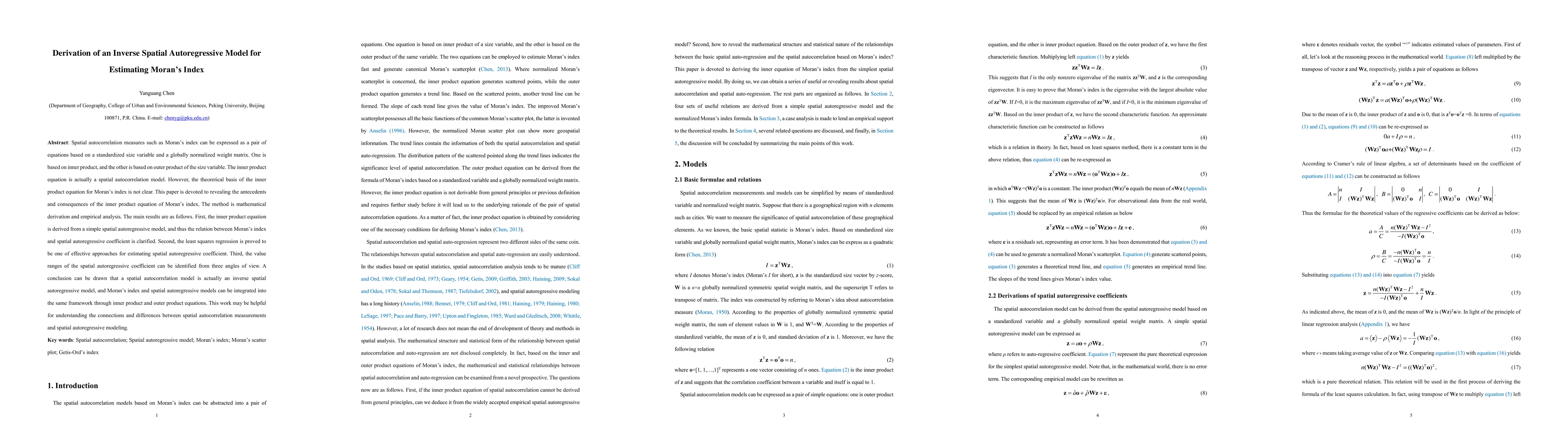 Thumbnail for Derivation of an Inverse Spatial Autoregressive Model for Estimating
  Moran's Index