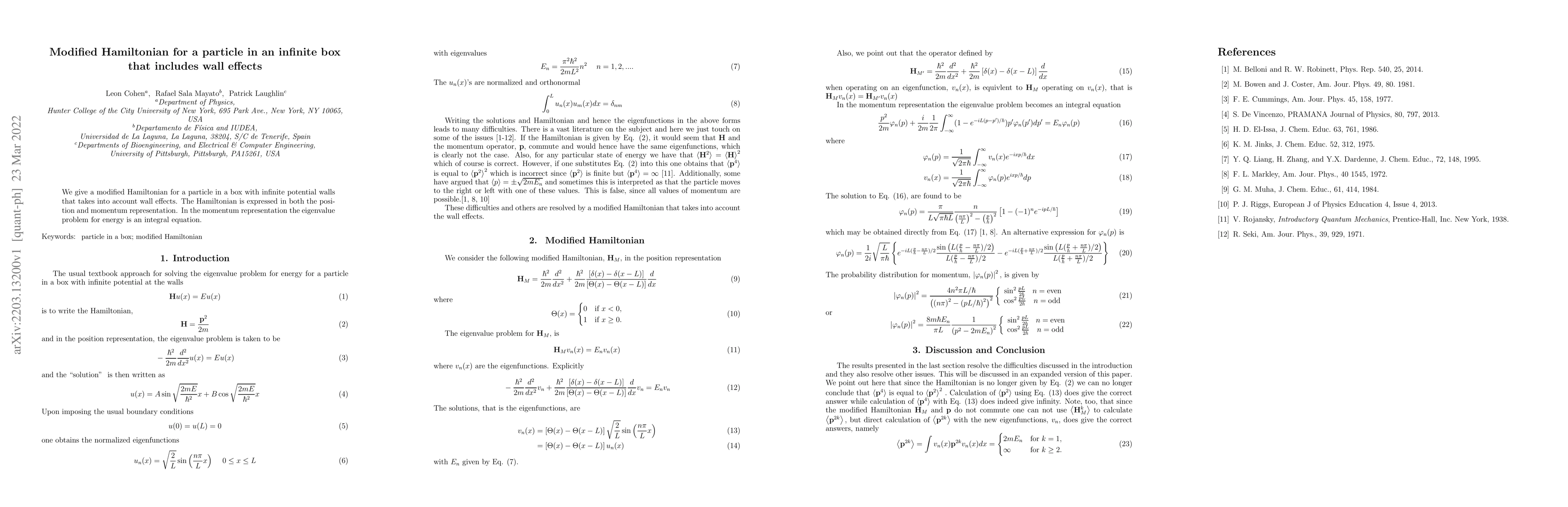 Thumbnail for Modified Hamiltonian for a particle in an infinite box that includes
  wall effects