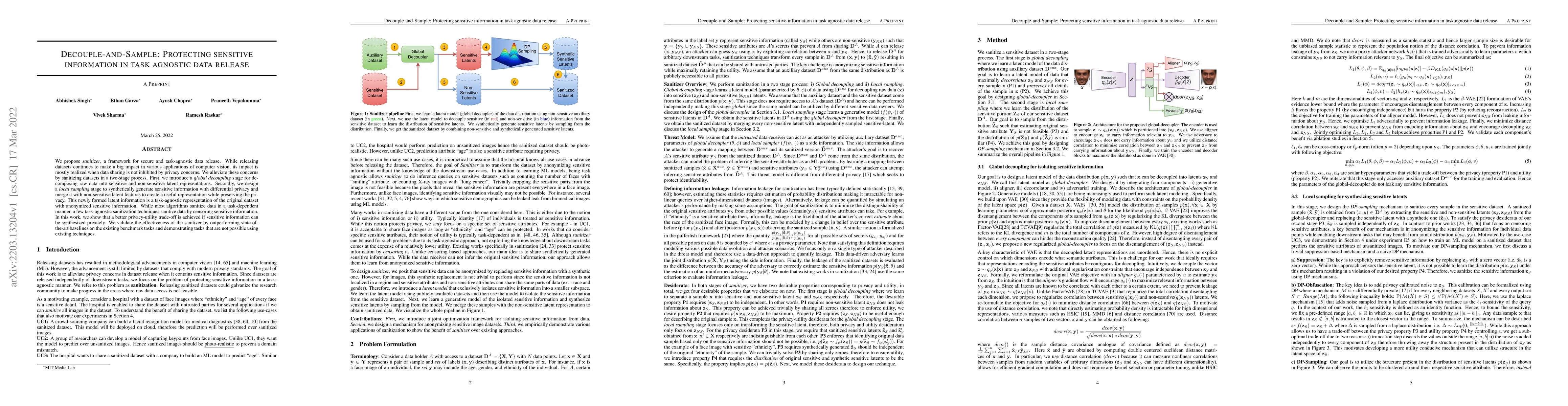 Thumbnail for Decouple-and-Sample: Protecting sensitive information in task agnostic
  data release