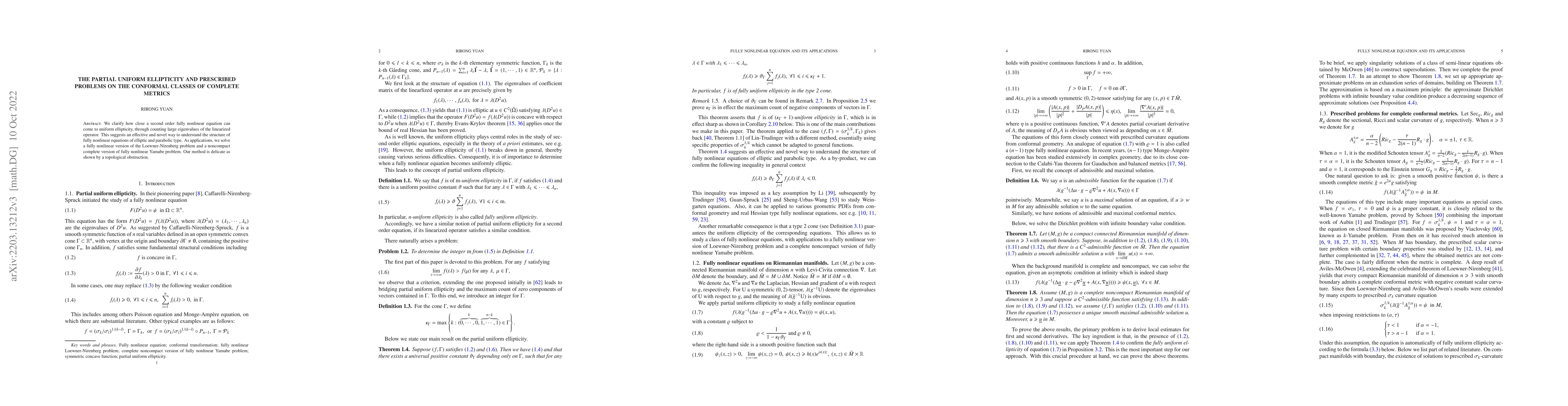 Thumbnail for The partial uniform ellipticity and prescribed problems on the conformal
  classes of complete metrics