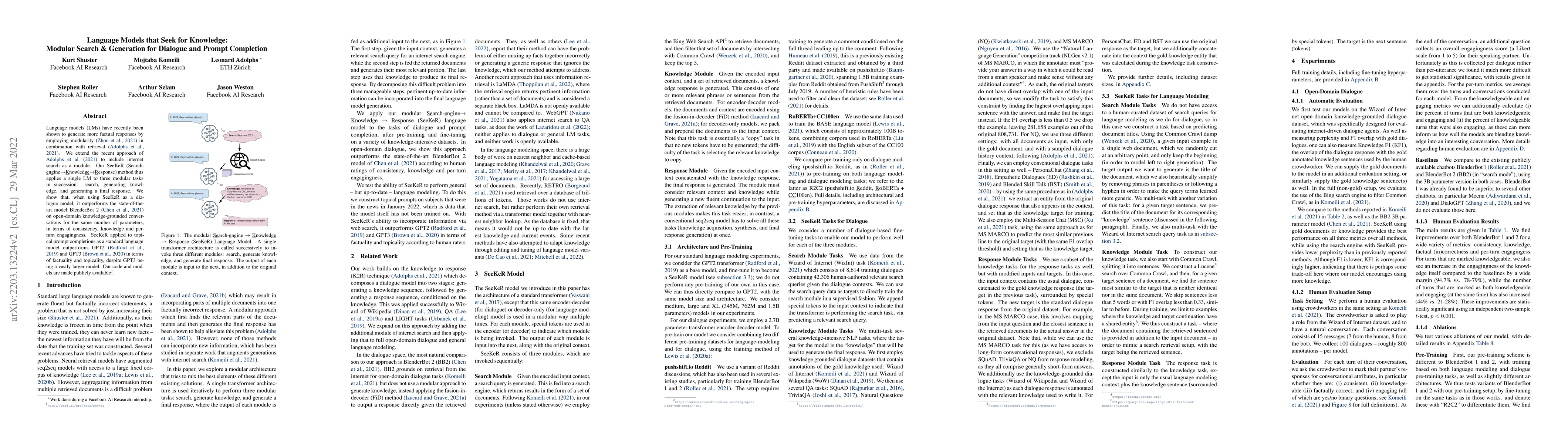 Thumbnail for Language Models that Seek for Knowledge: Modular Search & Generation for
  Dialogue and Prompt Completion