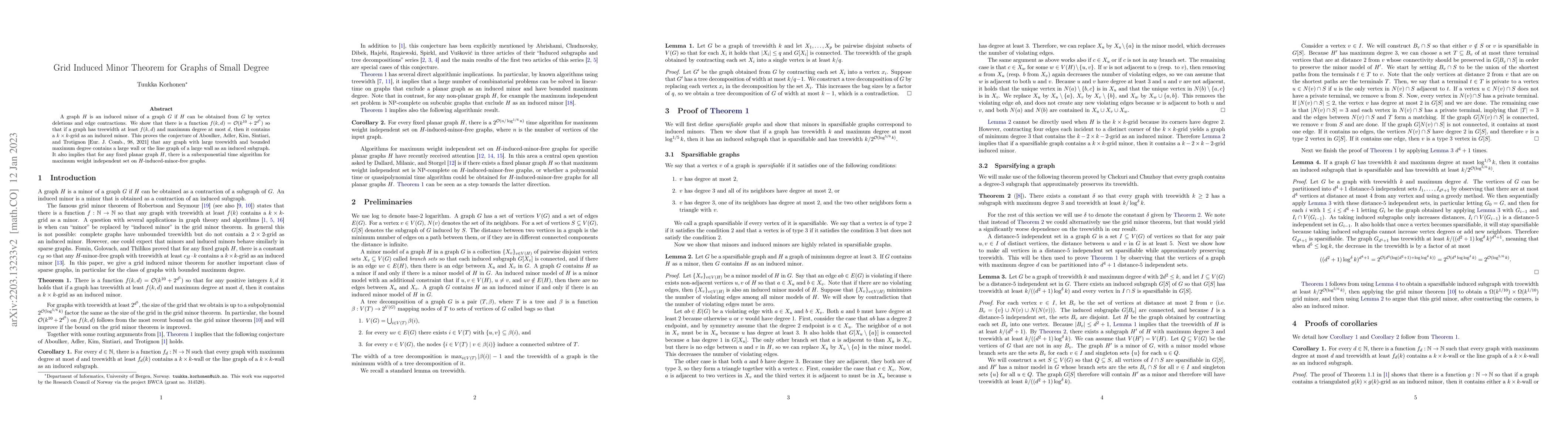Thumbnail for Grid Induced Minor Theorem for Graphs of Small Degree