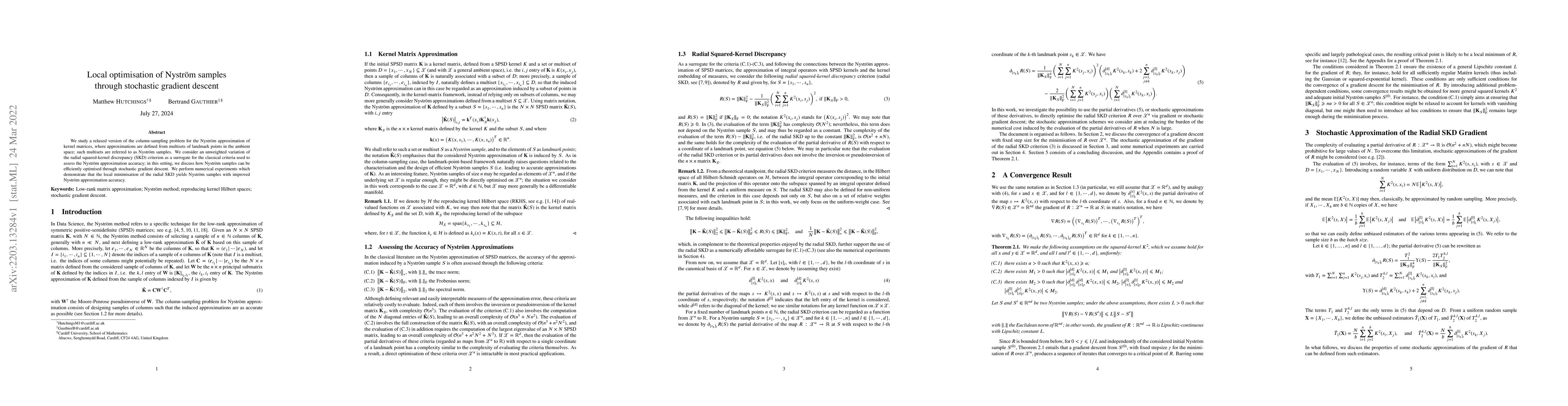 Thumbnail for Local optimisation of Nystr\"om samples through stochastic gradient
  descent