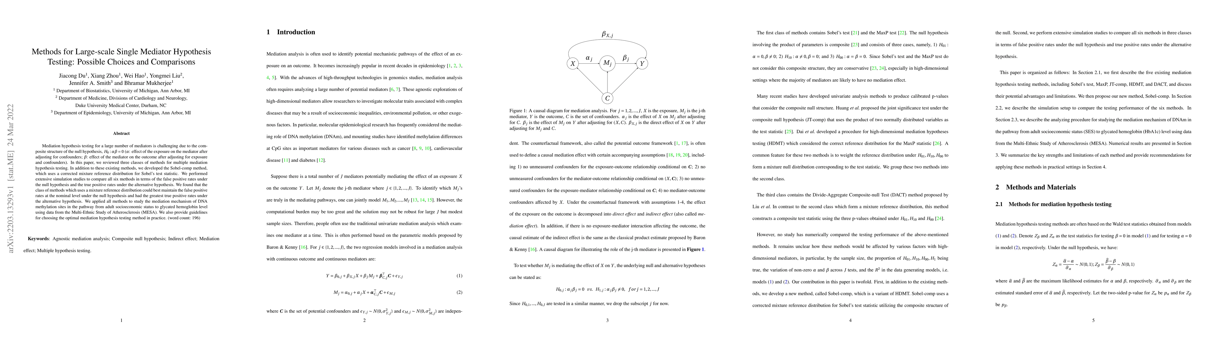 Thumbnail for Methods for Large-scale Single Mediator Hypothesis Testing: Possible
  Choices and Comparisons