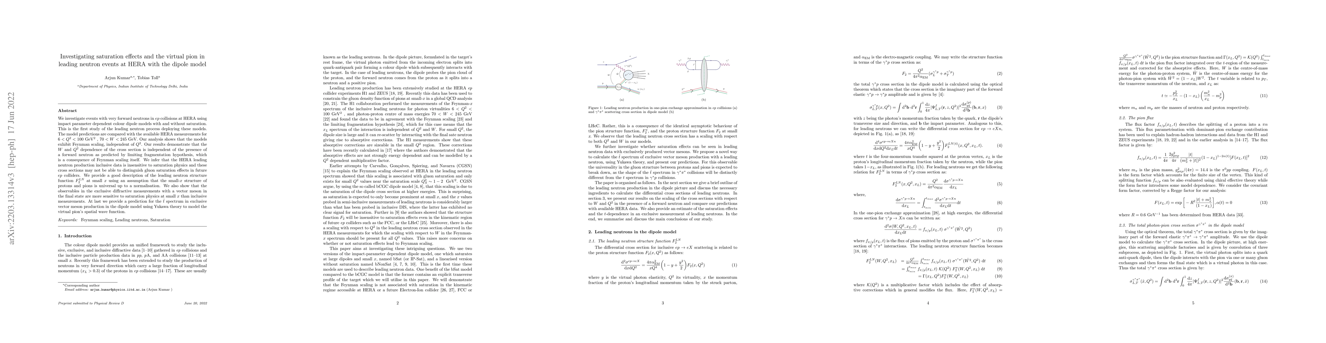 Thumbnail for Investigating saturation effects and the virtual pion in leading neutron
  events at HERA with the dipole model