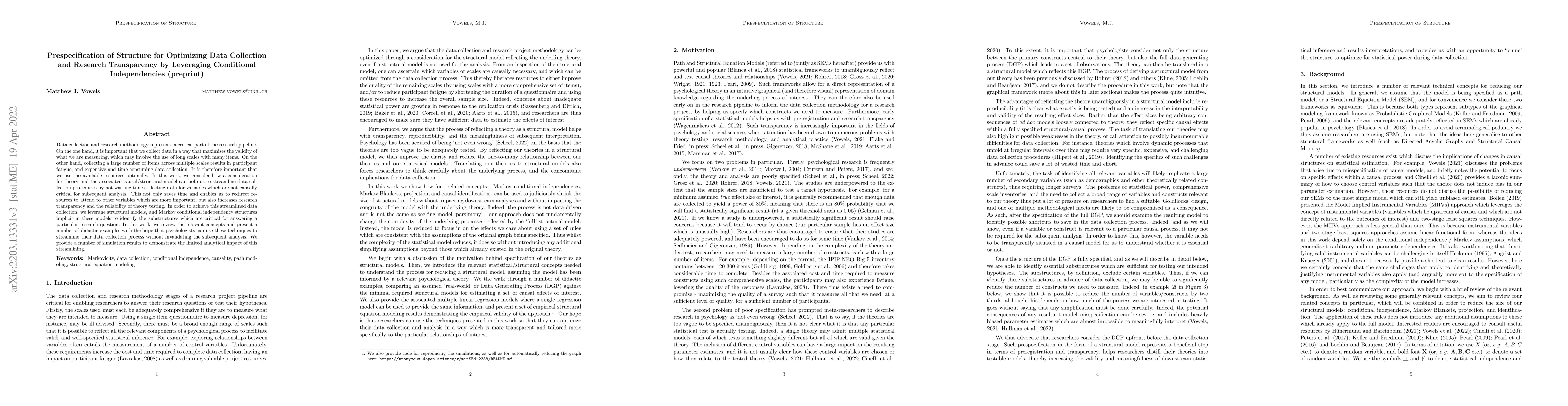 Thumbnail for Prespecification of Structure for Optimizing Data Collection and
  Research Transparency by Leveraging Conditional Independencies