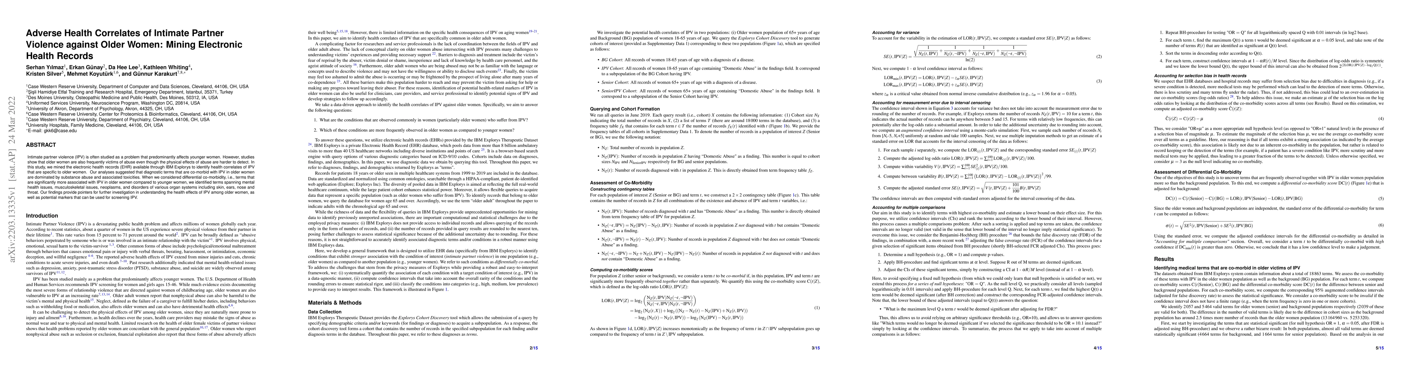 Thumbnail for Adverse Health Correlates of Intimate Partner Violence against Older
  Women: Mining Electronic Health Records