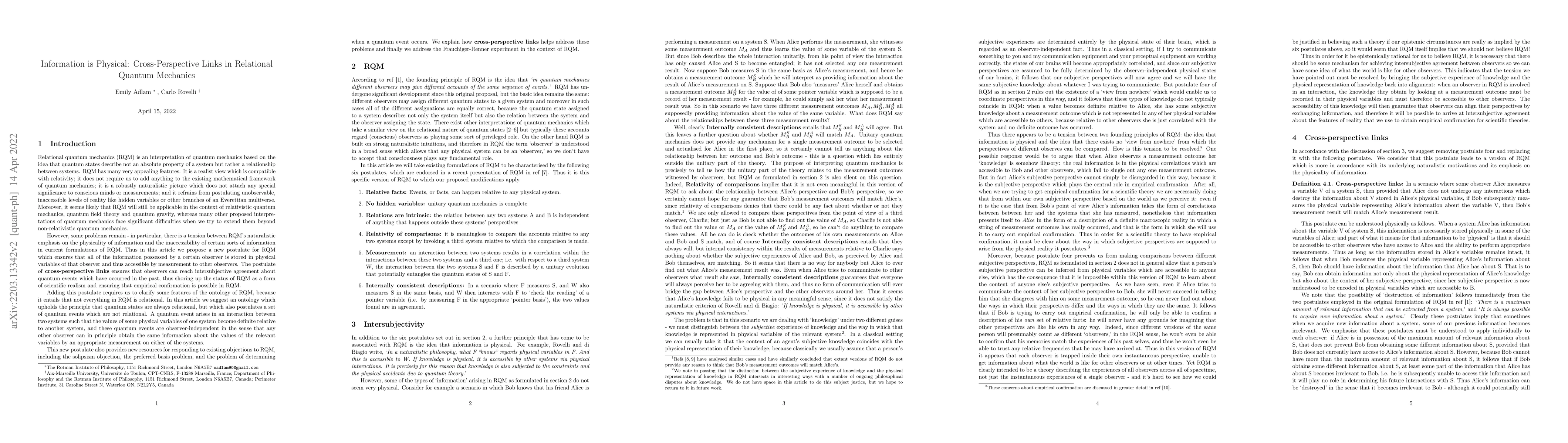 Thumbnail for Information is Physical: Cross-Perspective Links in Relational Quantum
  Mechanics