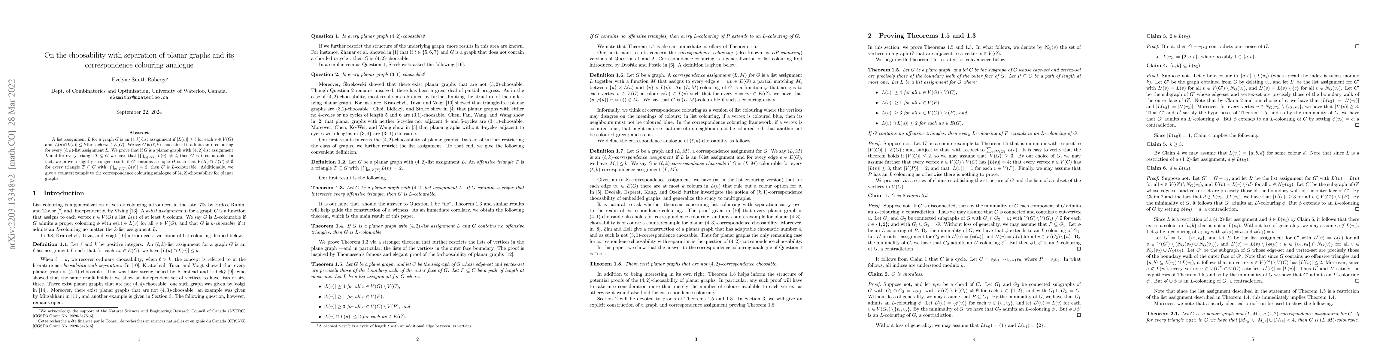 Thumbnail for On the choosability with separation of planar graphs and its
  correspondence colouring analogue