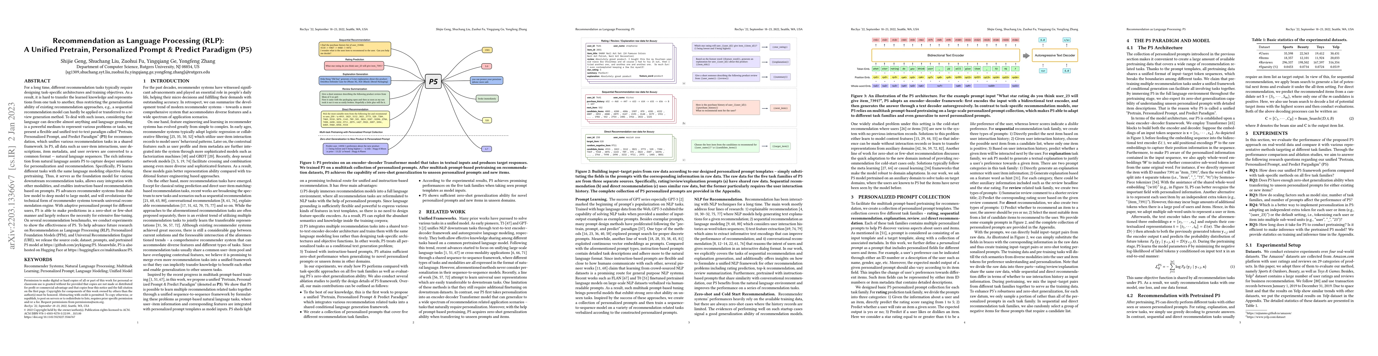 Thumbnail for Recommendation as Language Processing (RLP): A Unified Pretrain,
  Personalized Prompt & Predict Paradigm (P5)