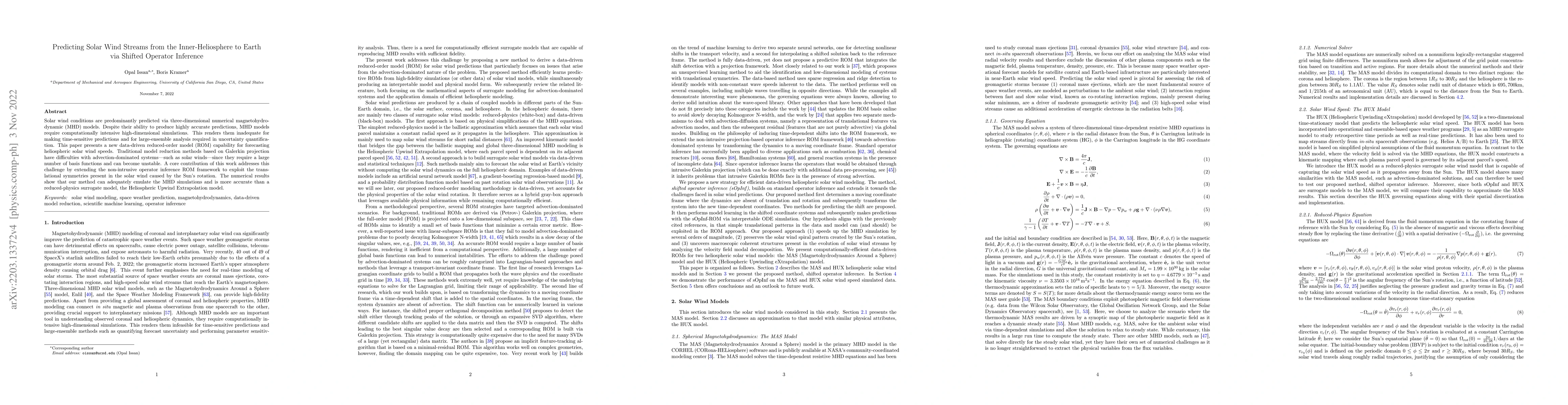 Thumbnail for Predicting Solar Wind Streams from the Inner-Heliosphere to Earth via
  Shifted Operator Inference