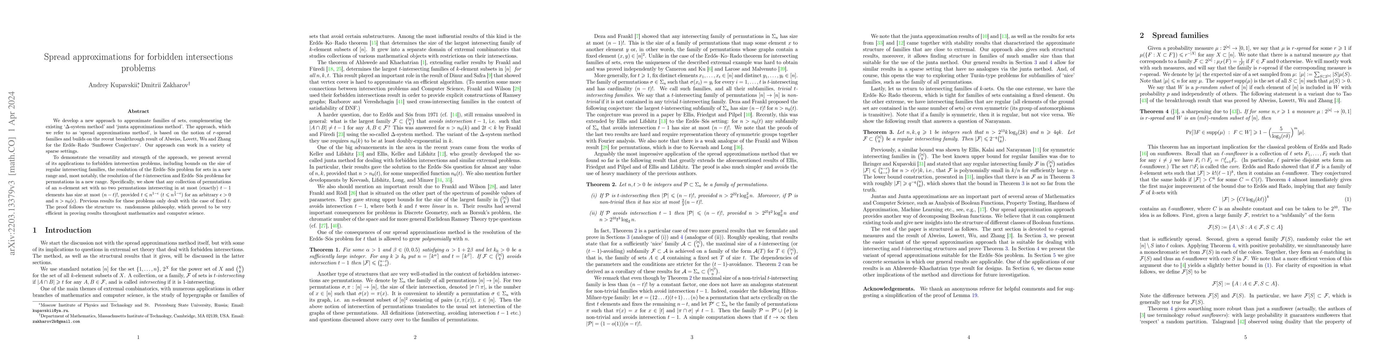 Thumbnail for Spread approximations for forbidden intersections problems