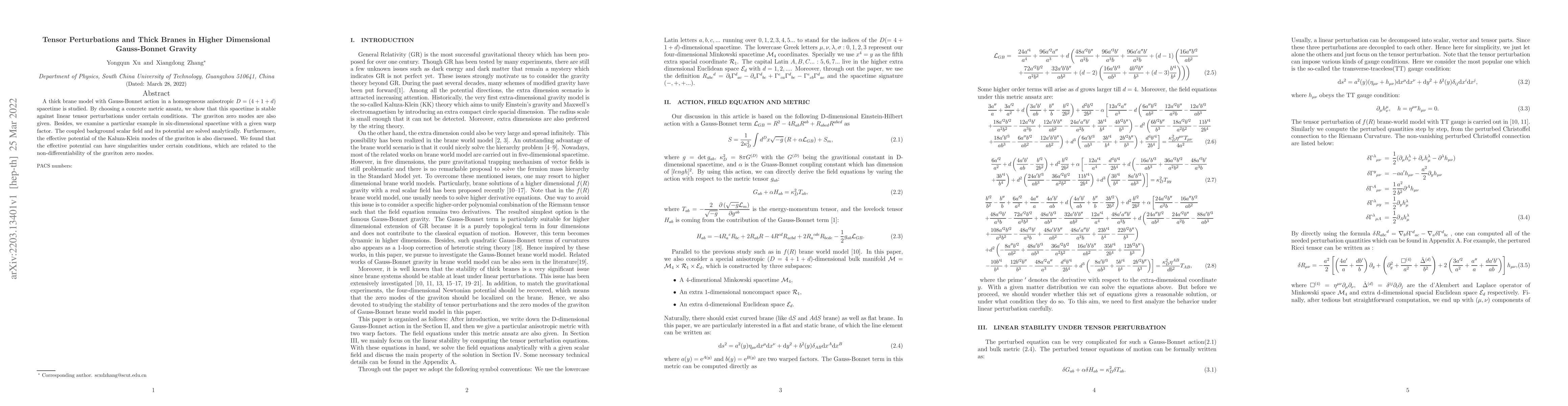 Thumbnail for Tensor Perturbations and Thick Branes in Higher Dimensional Gauss-Bonnet
  Gravity