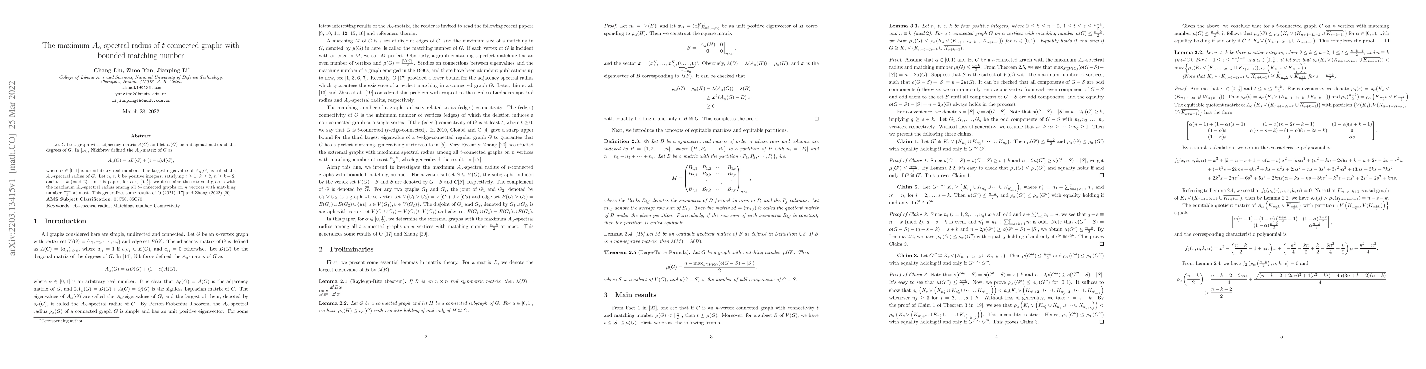 Thumbnail for The maximum $A_{\alpha}$-spectral radius of $t$-connected graphs with
  bounded matching number