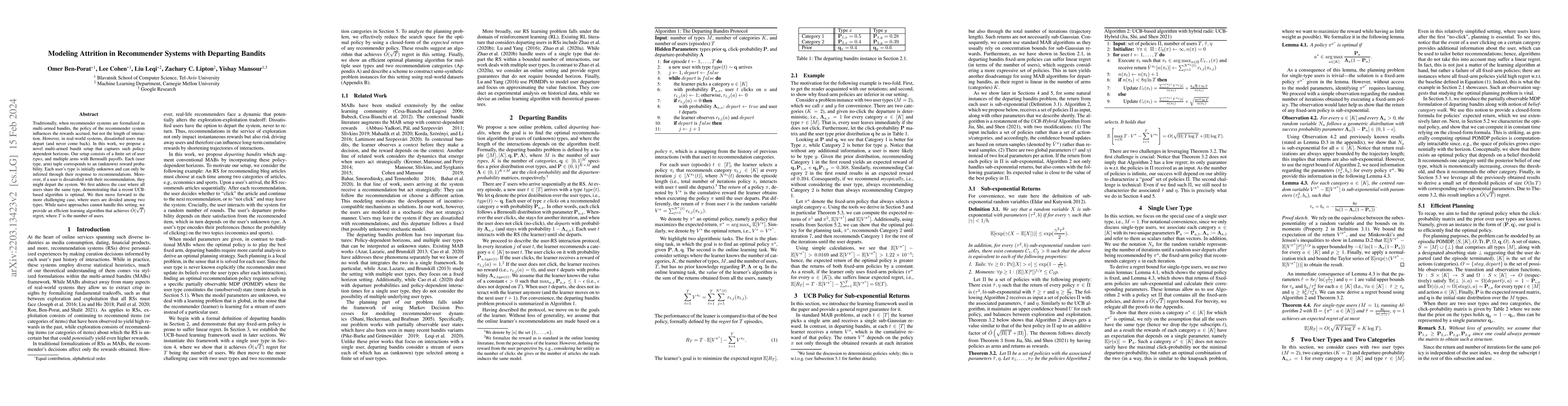 Thumbnail for Modeling Attrition in Recommender Systems with Departing Bandits