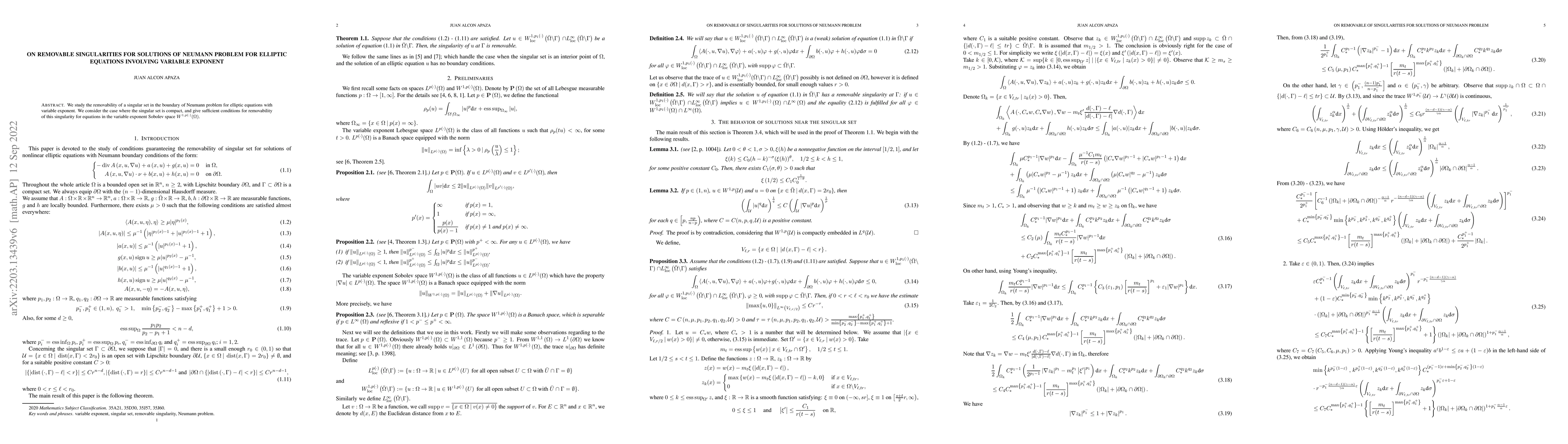 Thumbnail for On removable singularities for solutions of Neumann problem for elliptic
  equations involving variable exponent