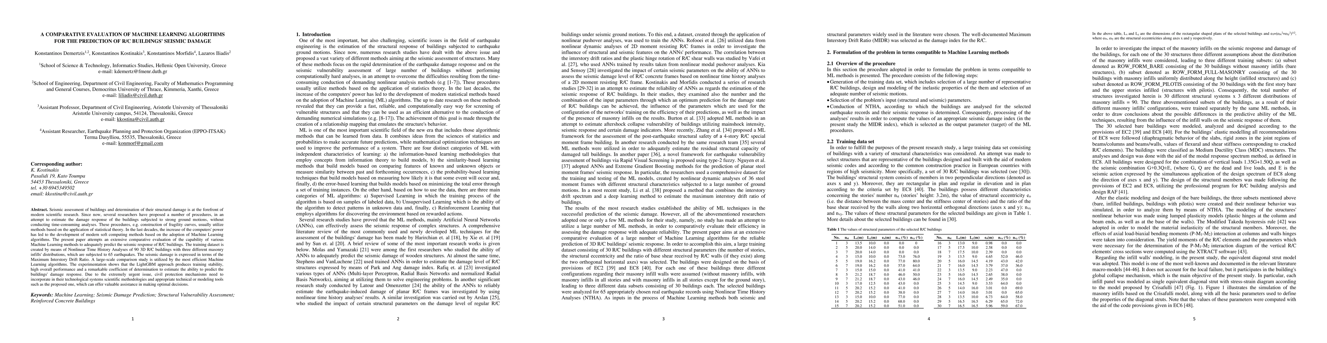 Thumbnail for A Comparative Evaluation of Machine Learning Algorithms for the
  Prediction of R/C Buildings' Seismic Damage