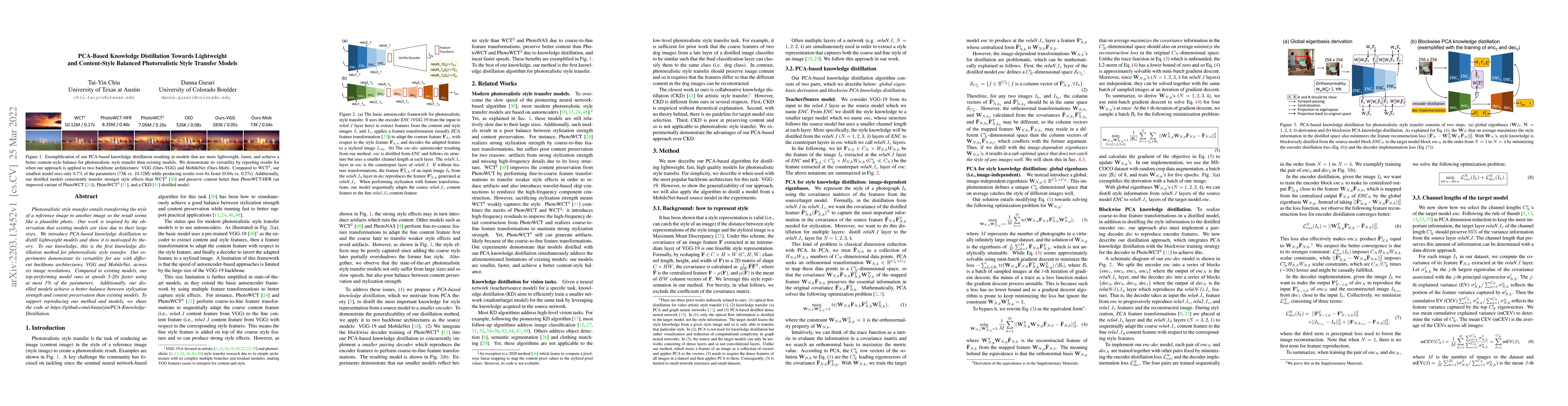 Thumbnail for PCA-Based Knowledge Distillation Towards Lightweight and Content-Style
  Balanced Photorealistic Style Transfer Models