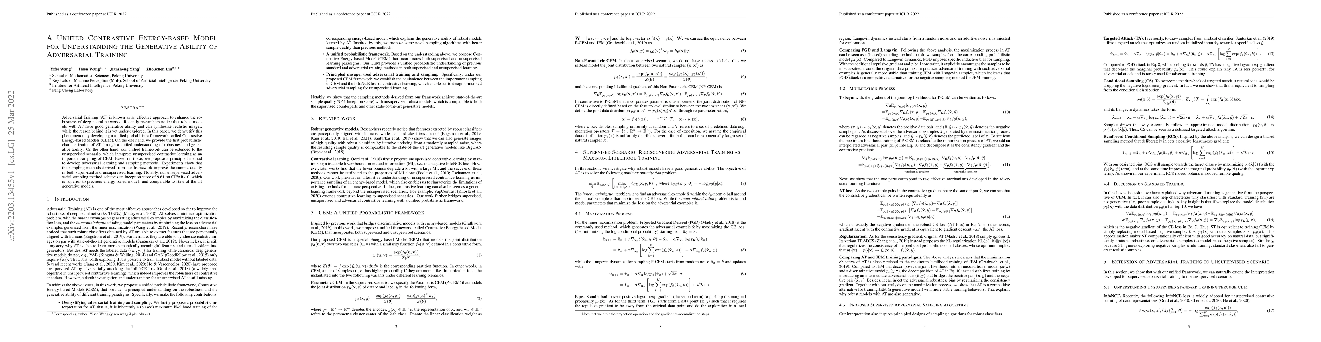 Thumbnail for A Unified Contrastive Energy-based Model for Understanding the
  Generative Ability of Adversarial Training