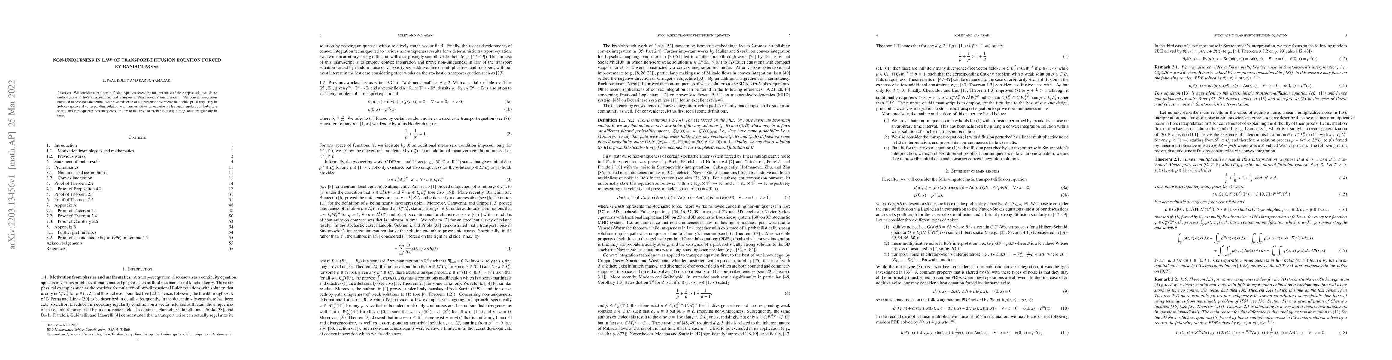 Thumbnail for Non-uniqueness in law of transport-diffusion equation forced by random
  noise