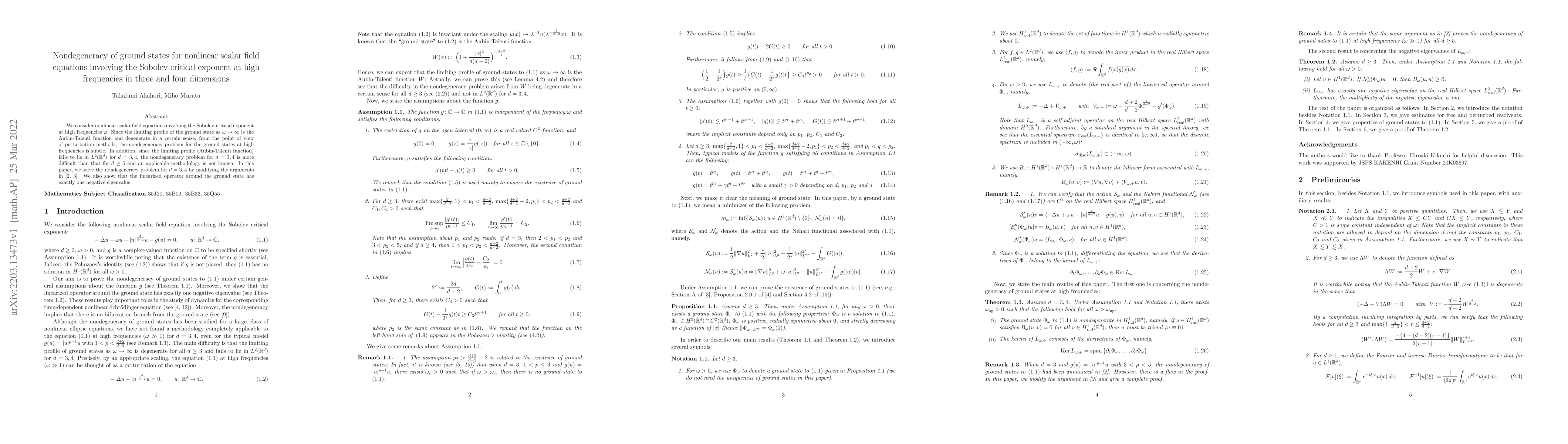 Thumbnail for Nondegeneracy of ground states for nonlinear scalar field equations
  involving the Sobolev-critical exponent at high frequencies in three and four
  dimensions