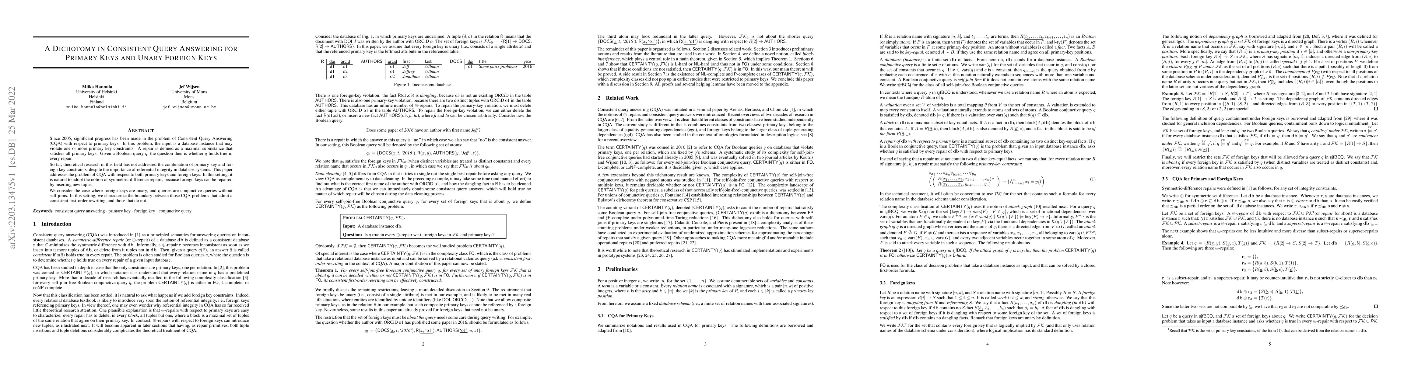 Thumbnail for A Dichotomy in Consistent Query Answering for Primary Keys and Unary
  Foreign Keys