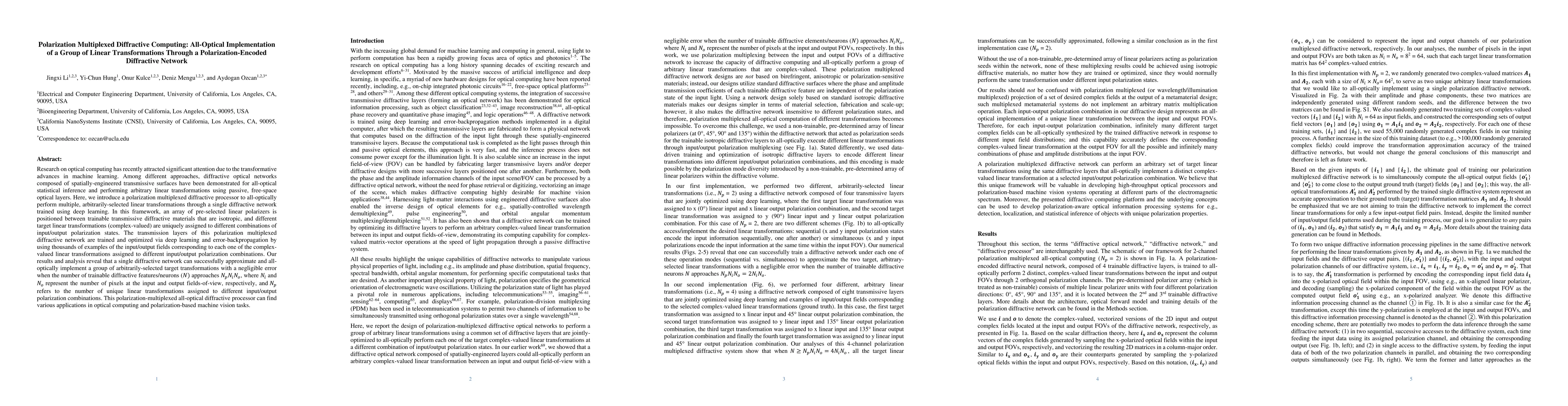 Thumbnail for Polarization Multiplexed Diffractive Computing: All-Optical
  Implementation of a Group of Linear Transformations Through a
  Polarization-Encoded Diffractive Network