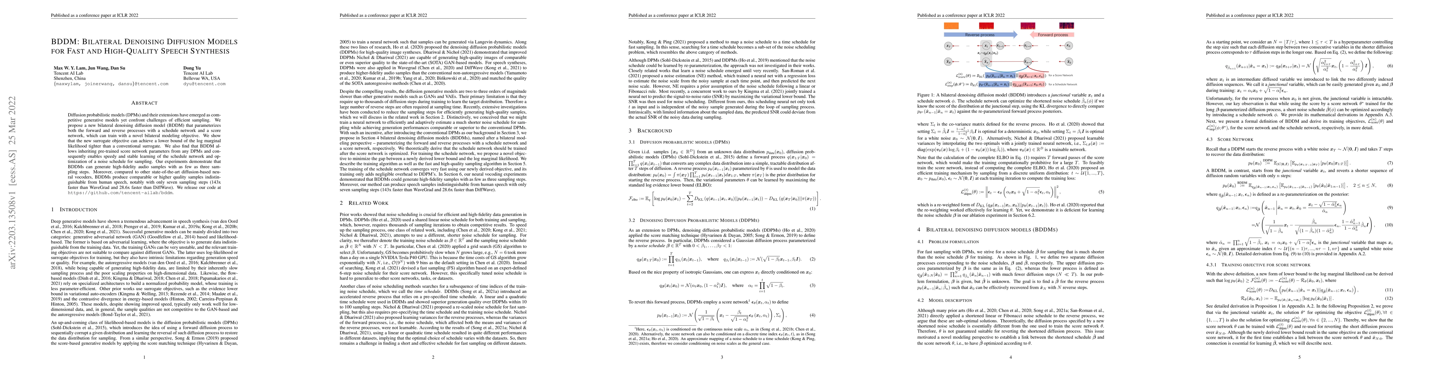 Thumbnail for BDDM: Bilateral Denoising Diffusion Models for Fast and High-Quality
  Speech Synthesis