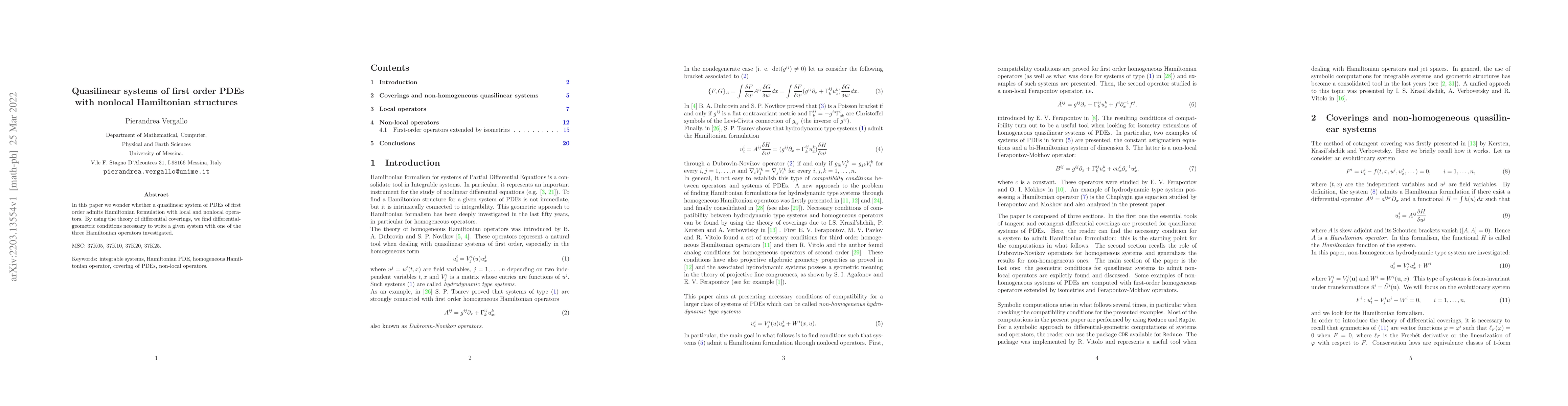 Thumbnail for Quasilinear systems of first order PDEs with nonlocal Hamiltonian
  structures