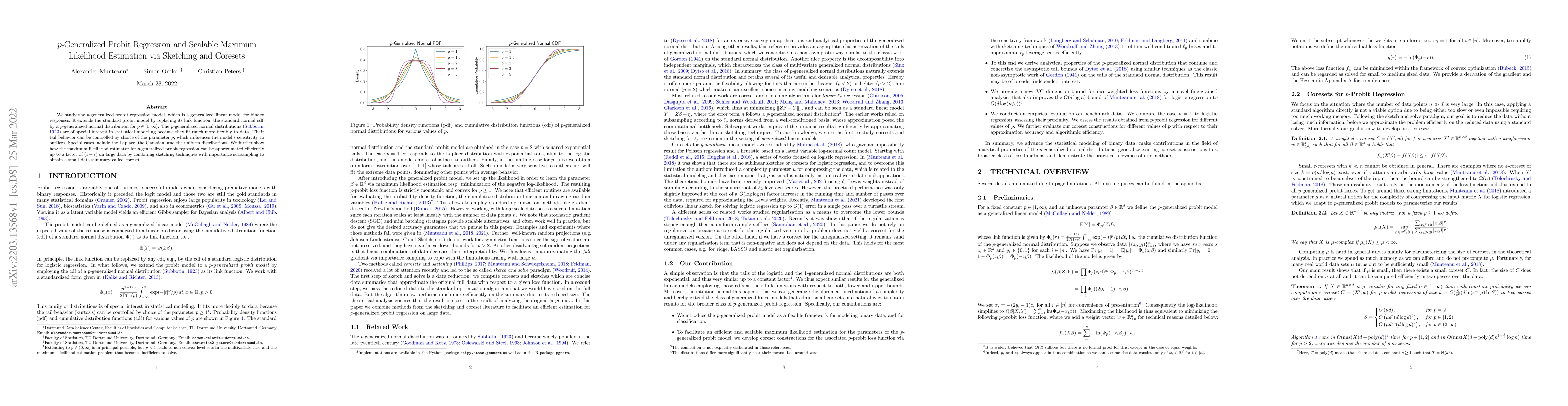 Thumbnail for $p$-Generalized Probit Regression and Scalable Maximum Likelihood
  Estimation via Sketching and Coresets
