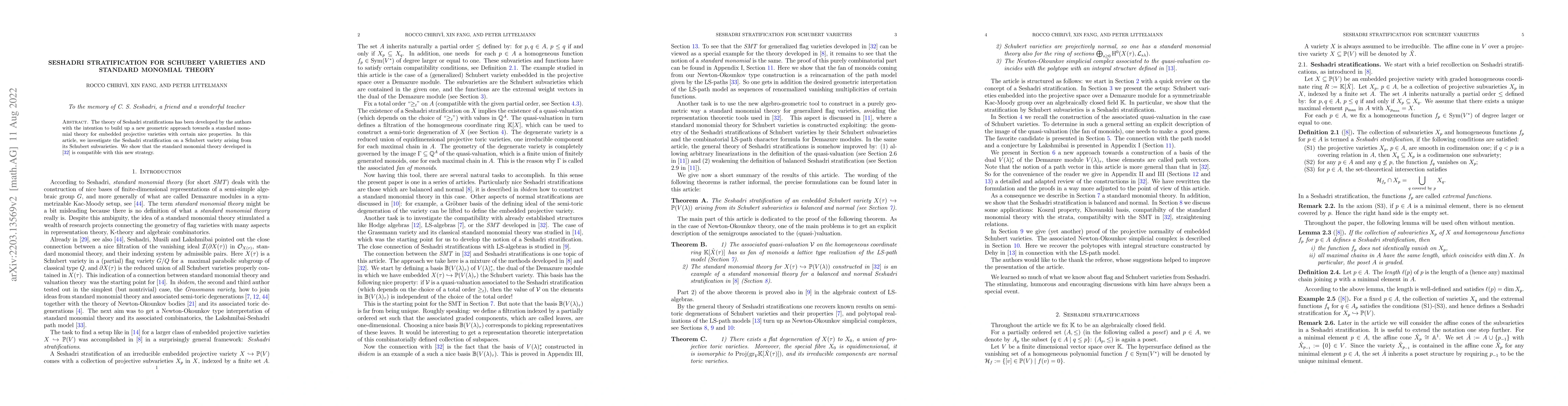 Thumbnail for Seshadri stratification for Schubert varieties and Standard Monomial
  Theory