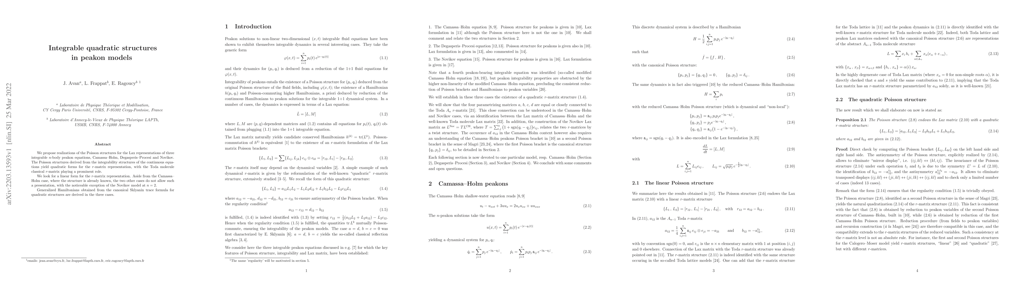 Thumbnail for Integrable quadratic structures in peakon models