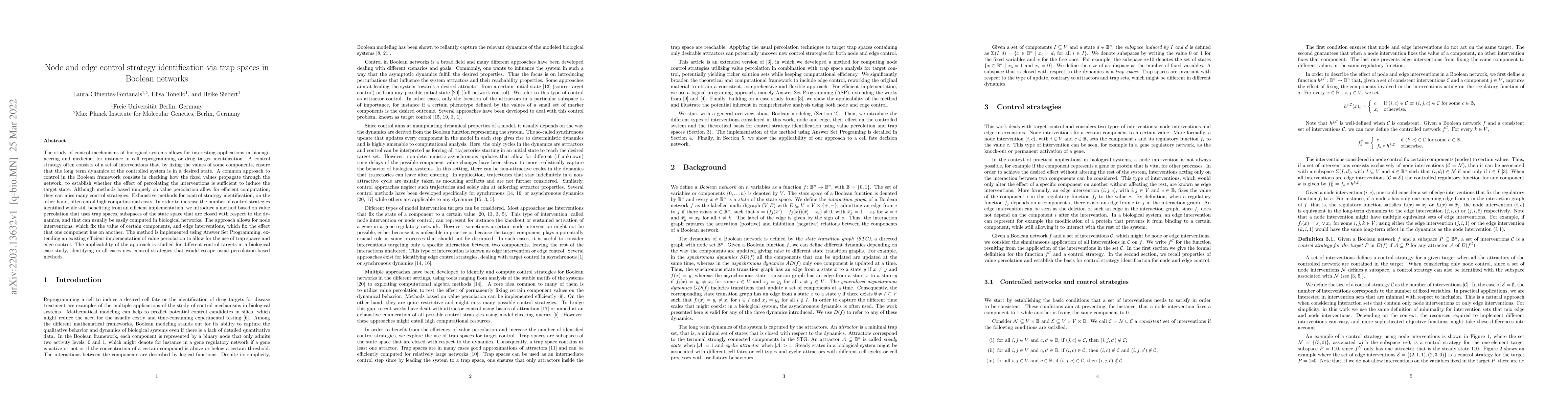 Thumbnail for Node and edge control strategy identification via trap spaces in Boolean
  networks