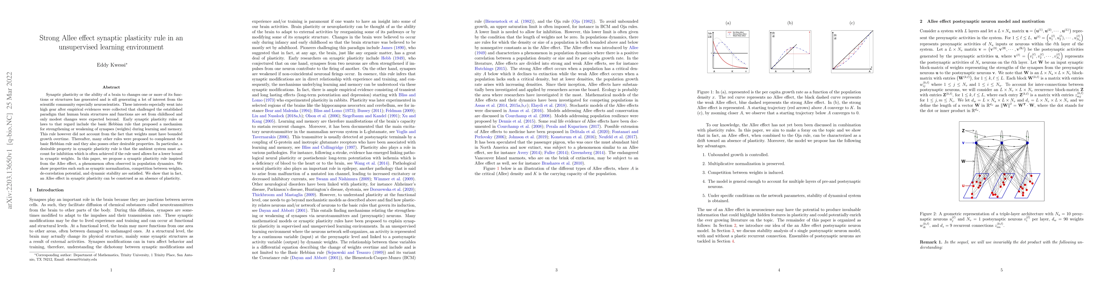 Thumbnail for Strong Allee effect synaptic plasticity rule in an unsupervised learning
  environment