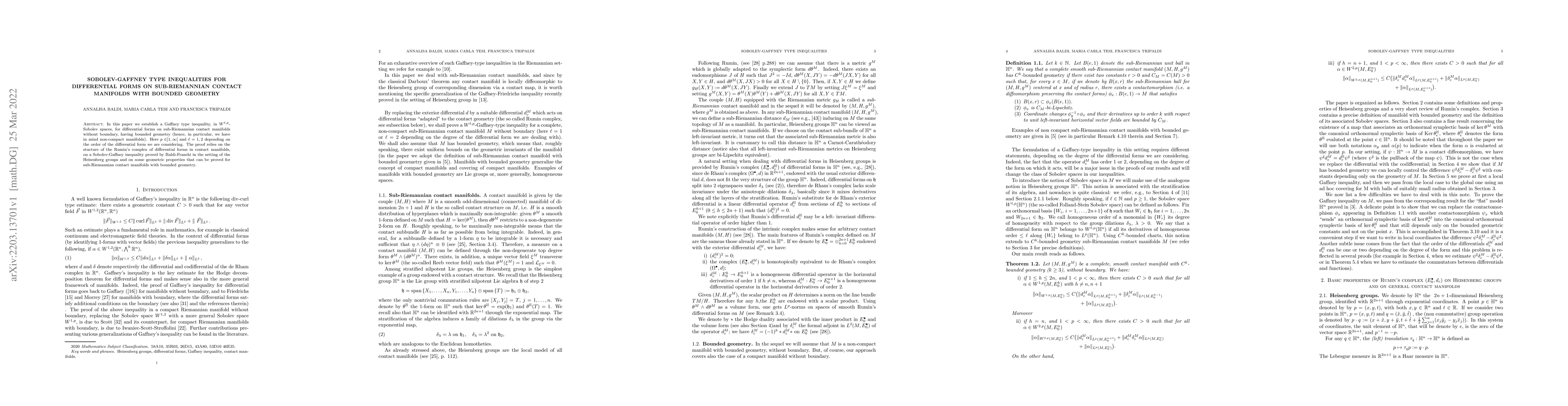 Thumbnail for Sobolev-Gaffney type inequalities for differential forms on
  sub-Riemannian contact manifolds with bounded geometry