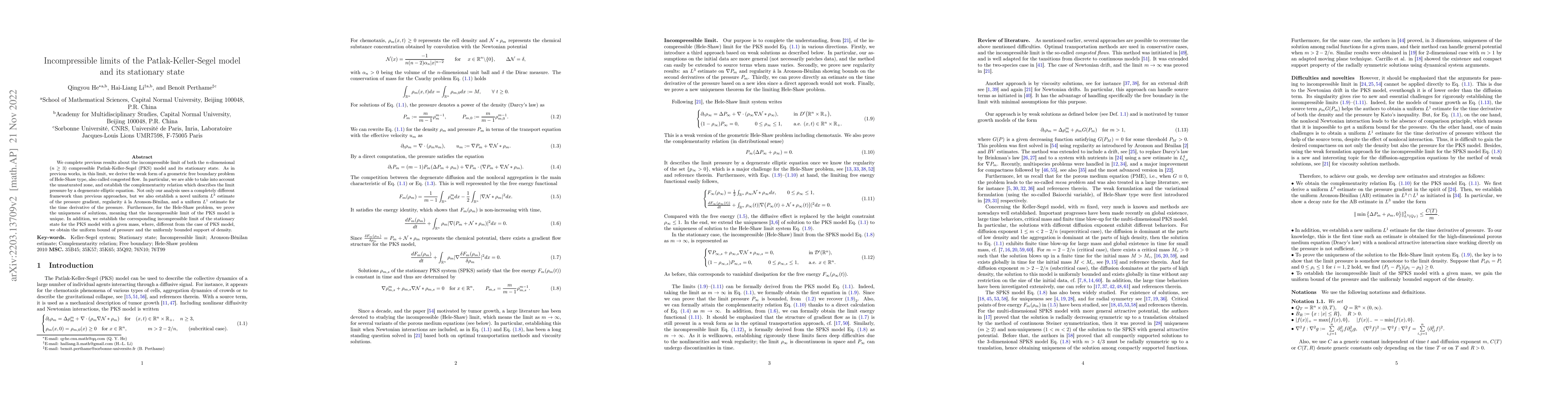 Thumbnail for Incompressible limits of Patlak-Keller-Segel model and its stationary
  state