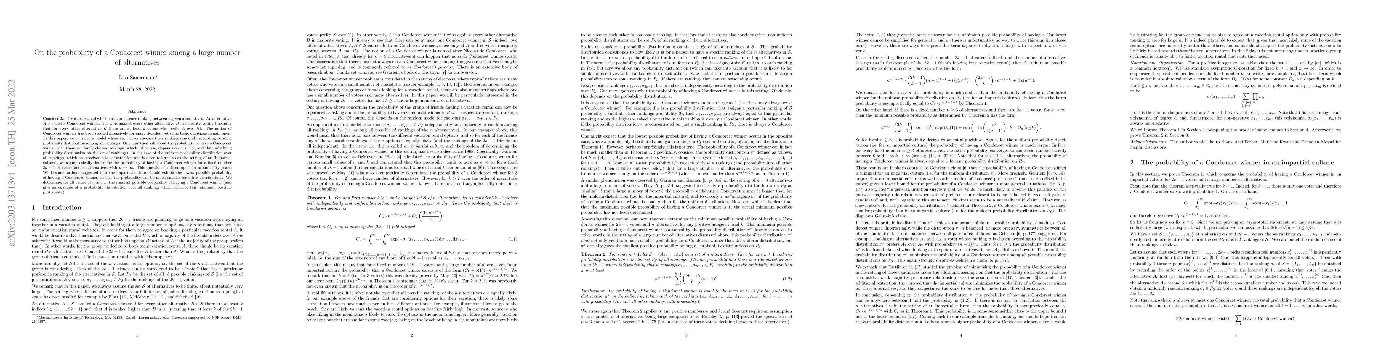 Thumbnail for On the probability of a Condorcet winner among a large number of
  alternatives