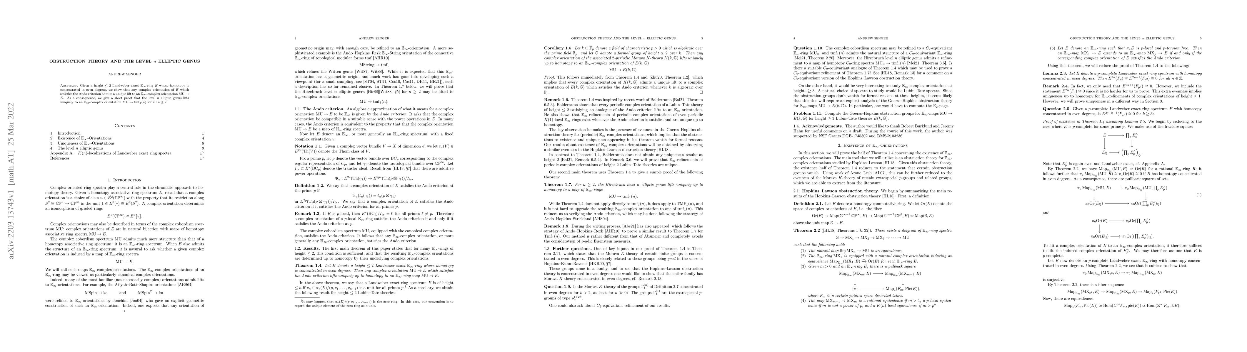 Thumbnail for Obstruction theory and the level $n$ elliptic genus
