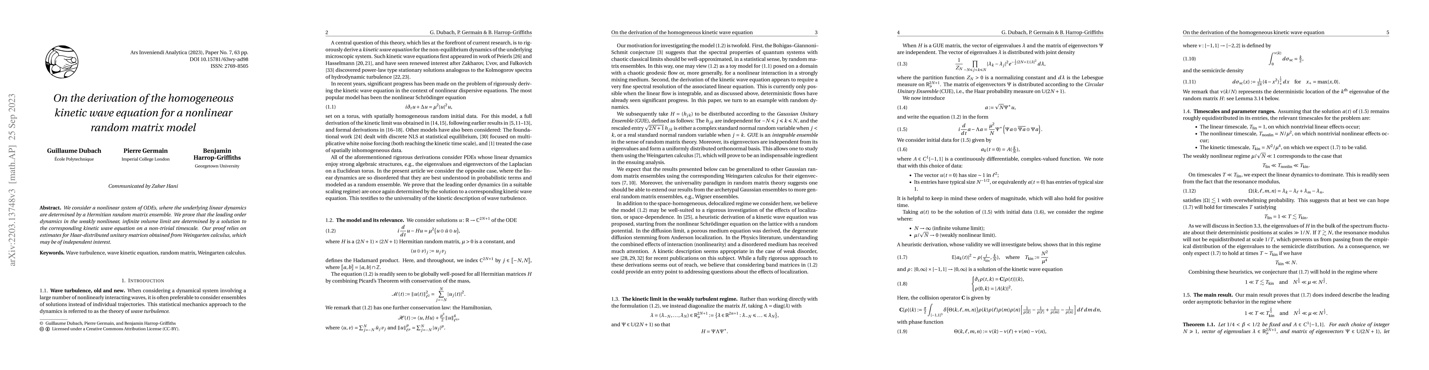 Thumbnail for On the derivation of the homogeneous kinetic wave equation for a
  nonlinear random matrix model