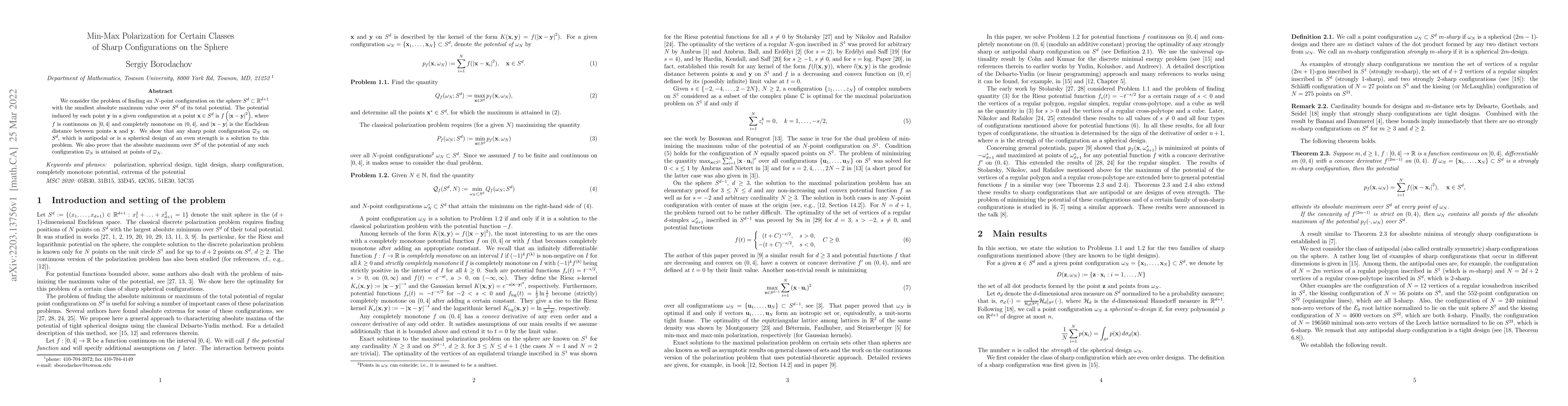 Thumbnail for Min-Max Polarization for Certain Classes of Sharp Configurations on the
  Sphere