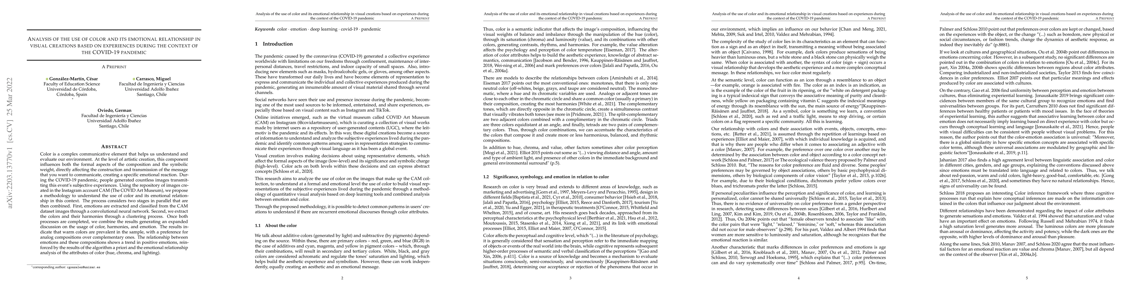 Thumbnail for Analysis of the use of color and its emotional relationship in visual
  creations based on experiences during the context of the COVID-19 pandemic